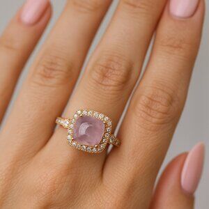Rose Gold Tone Pink Cabochon Cushion Halo Ring | Size 6